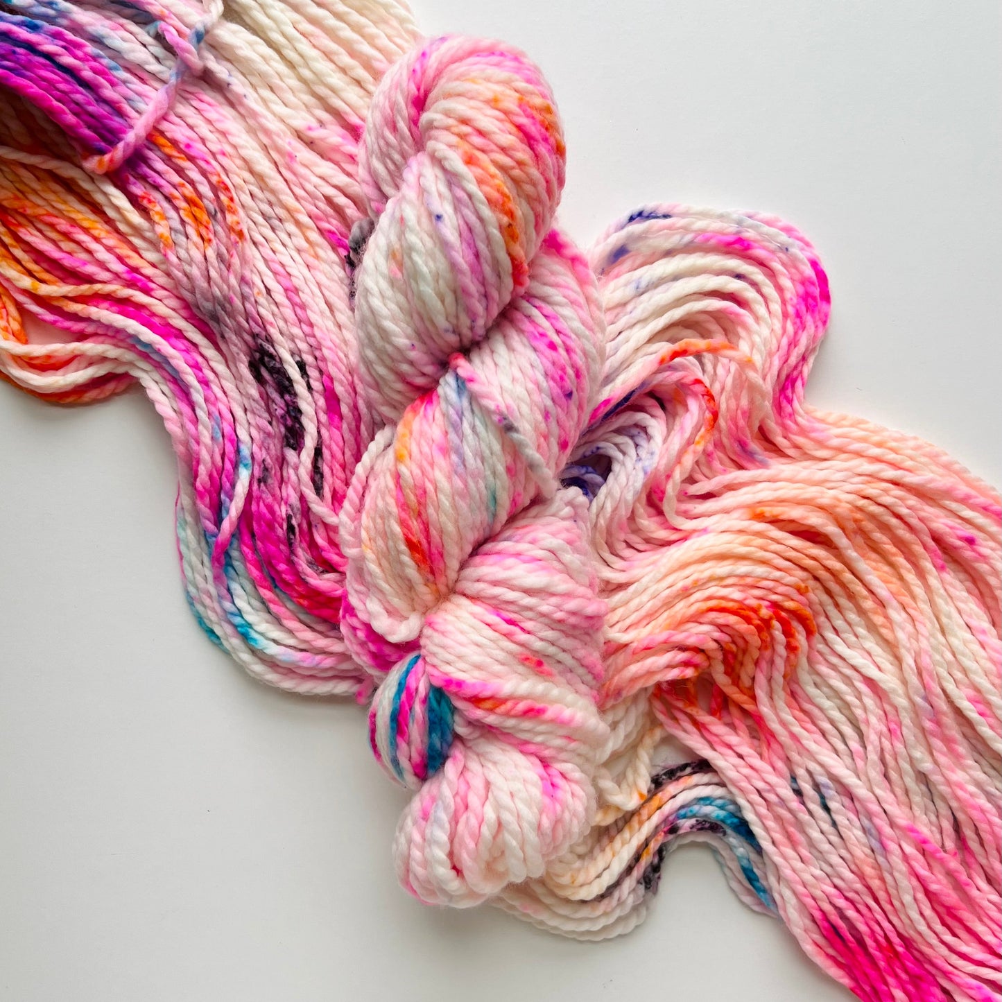Multicolored skein of yarn on a white background