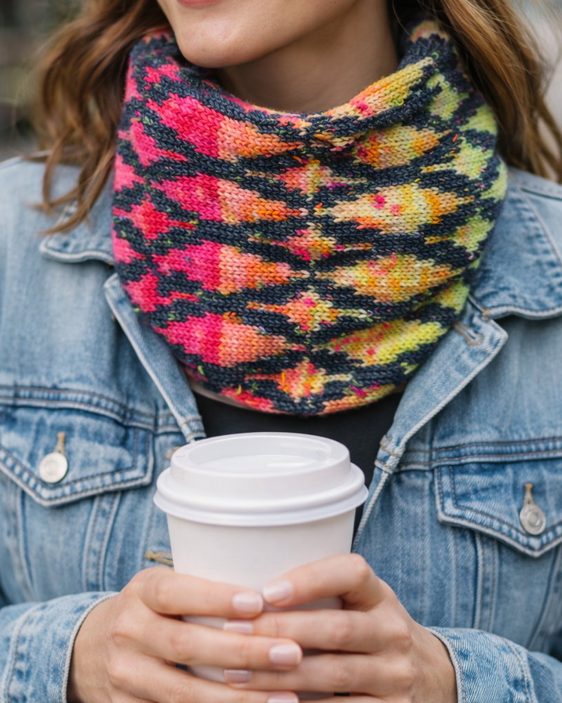 Woman wearing a colorful scarf and holding a coffee cup outdoors