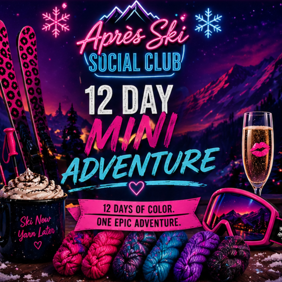 Promotional graphic for 'Apèrski Social Club 12 Day Mini Adventure' with ski equipment, drinks, and festive elements.